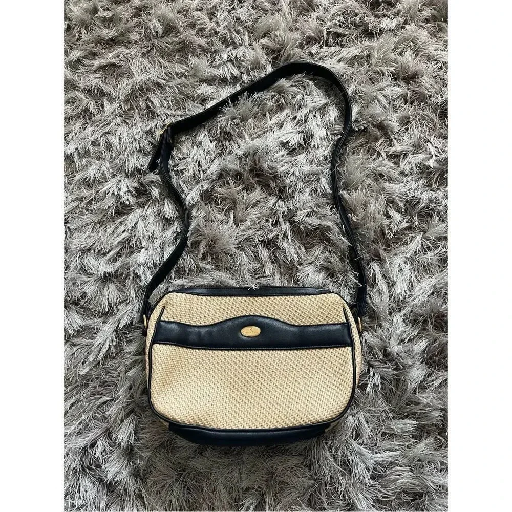 Eitenne Aiger Straw Crossbody Bag With Navy Blue Leather Straps Gold Hardware
